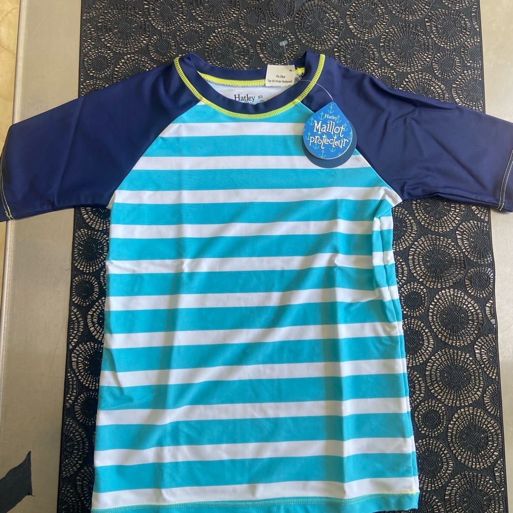 NWT Hatley Kids Size 8 Blue Stripe Rash Guard SPF50 Swim Shirt